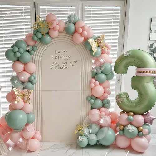 Image of Retro Pink and Sage Green Balloons, Olive Green Pale Pastel Pink Cream White Clear Transparent Balloon for Fairy Tea Party, Floral Balloons as Baby Shower Wedding Nutcracker Birthday Party Decoration