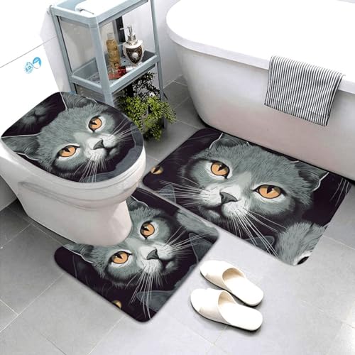 Dwrepo Cats Print Bathroom Rug Set 3 Piece with Non-Slip U-Shaped Contour Mat and Toilet Lid Cover for Bathroom Decoration