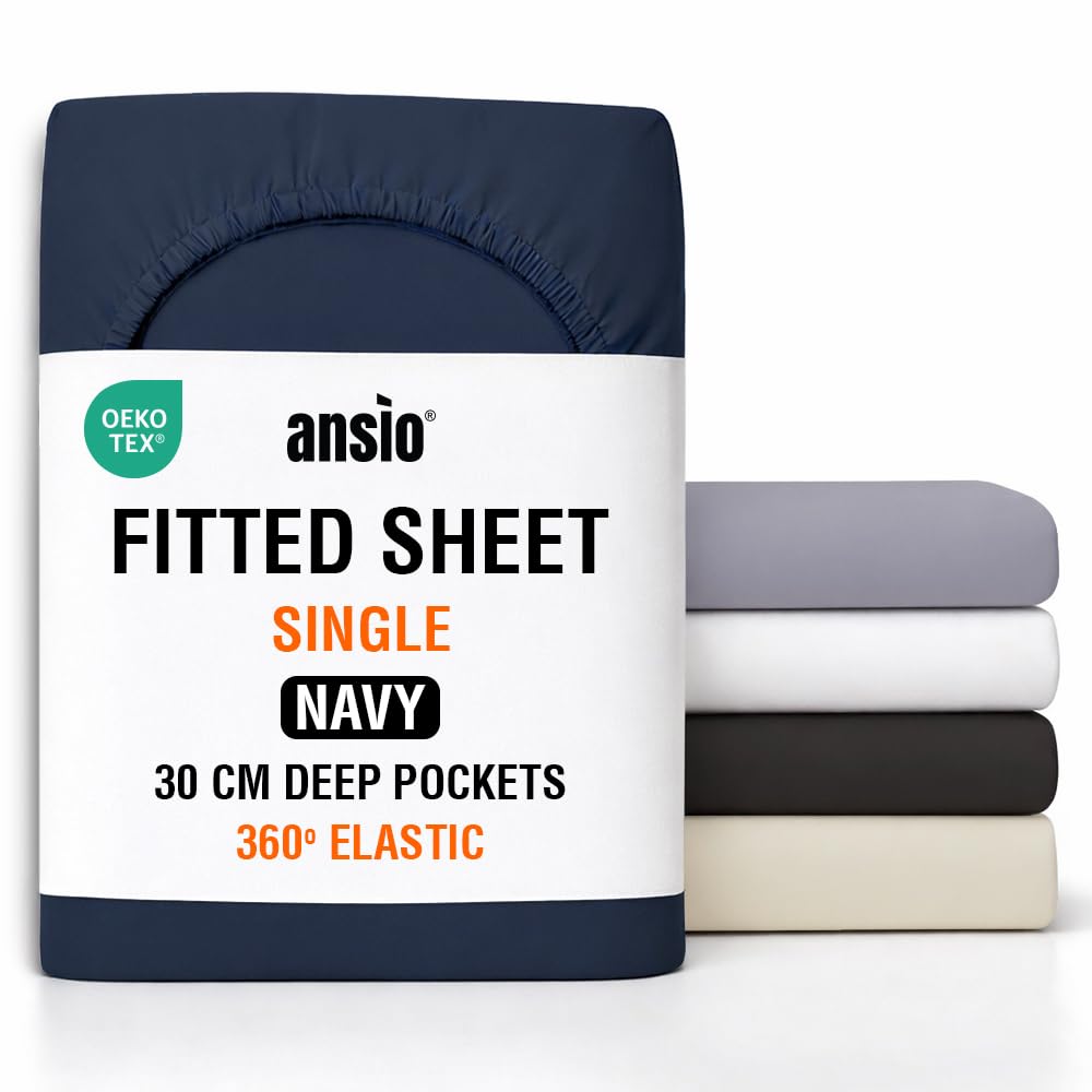ANSIO® Single Fitted Sheet Soft Brushed Microfibre Fabric – Deep Pocket 30cm – All-Around Elastic – OEKO-TEX Certified – Easy Care & Naturally Smooth After Wash - Navy