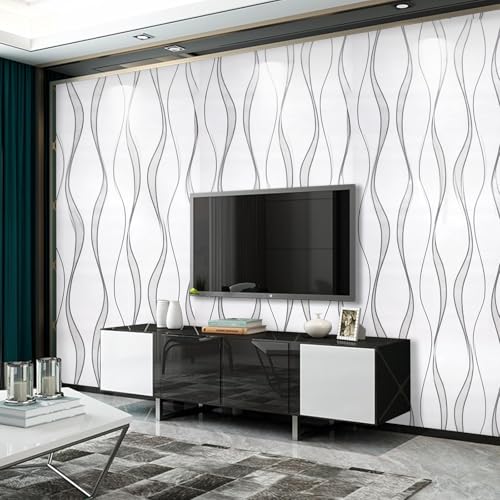Anttyscar Non-Woven Wallpaper Glitter Effect Textured 3D Flocking Embossed Wallpapers 53cm x 9.5m Wave Stripes Wall Paper Roll for Living Room Bedroom White