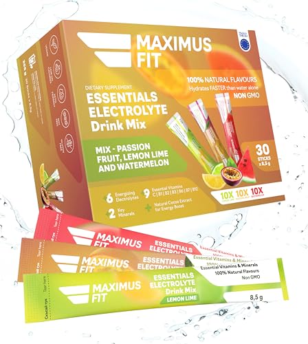 Maximus Fit Elektrolyt Pulver – Elektrolyte für Sport, Energy Drink Mix - Natrium, Magnesiumcitrat, Vitamin C, B1, B2, B3, B6, B7, B12 - Natürliches Meerespflanzenkalzium und Zink – 30 Sticks