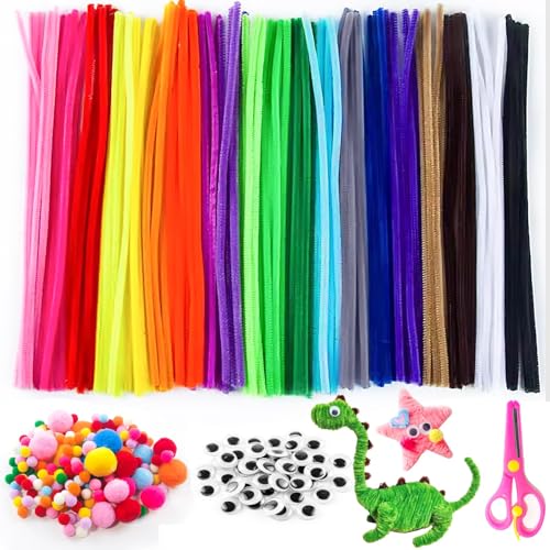 REJOECE 511 Pfeifenputzer Bunt zum Basteln, 30cm Mehrfarbig Pfeifenreiniger Set,DIY Pfeifenreiniger Basteln mit Chenilledraht Pompons und Selbstklebend Wackelaugen Verschiedene Größen für DIY Projekte