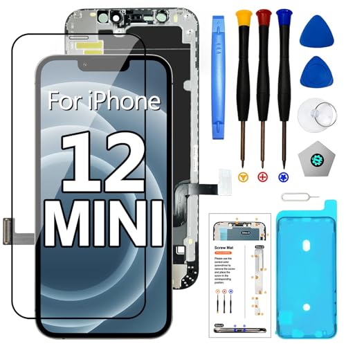 Reemplazo de pantalla para iPhone 12 Mini, pantalla LCD de 5.4 pulgadas, pantalla táctil 3D, marco digitalizador con kit de herramientas de reparación, alfombrilla de tornillo magnética, protector de