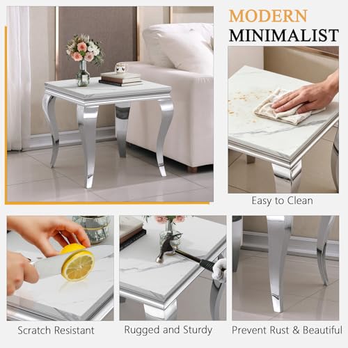 Image of Luxury Marble Side Table, Square End Table with Faux Marble Tabletop & Silver Stainless Steel S Legs, Modern Sofa Side Table for Living Room, Bedroom, Home Decor