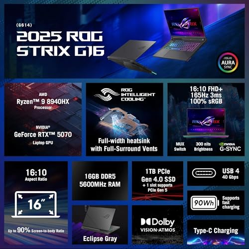 Image of ASUS ROG Strix G16 Gaming Laptop, 16 inch 16:10 FHD+ 165Hz /3ms, NVIDIA GeForce RTX 5070, AMD Ryzen 9 8940HX (Beat i7-14650HX), 16GB DDR5-5600, 1TB PCIe Gen 4 SSD, Wi-Fi 6E, Windows 11 Pro,