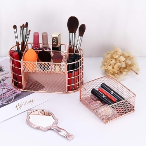 Image of 9 Compartment Metal Desk Organizer & Makeup Storage Holder with Detachable Drawer | Multi-Purpose Stationery, Cosmetic & Office Desk Organizer for Home, Study Table & Vanity (Rose Gold)