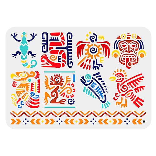 BENECREAT Mayan Stencils, 11.67x8.26 Aztec Symbol Painting Templates Reusable Mexico Stencils Template for Scrapbooking, Photo Album, Floor Furniture, Wall Decor
