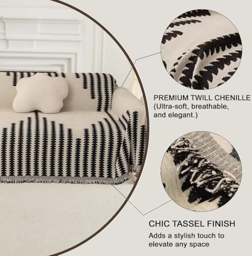 Image of The Furnishing Tree Reversible Double Sided Chenille Throw Sofa Cover, Anti-Slip Couch Cover, Comfy Sofa Towel for All Seasons, 5 Seater (3+1+1), Black
