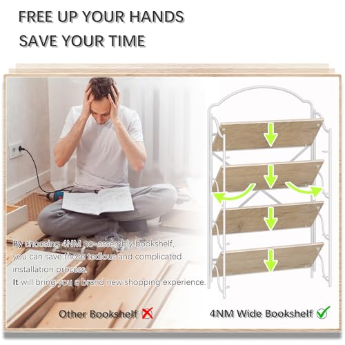 Image of 4NM No Assembly Folding Bookshelf for Living Room, 4 Tiers Collapsible Book Shelves Open Industrial Foldable Bookcase Storage Shelf for Home Office - Oak