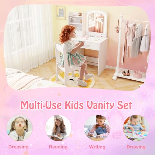 Image of HONEY JOY Kids Vanity, Little Girls Vanity Set with Mirror and Stool and Lights, Wooden Princess Makeup Dressing Table, Storage Box & Shelf, Pretend Play Kids Vanity Table and Chair Set(White)