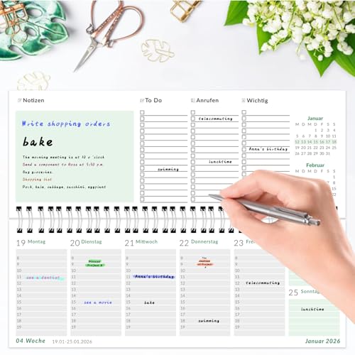 Mezere Tischkalender 2026 Quer Wochenkalender 2026 Kalender Planer,1 Woche 2 Seiten als Querkalender 2026 Monatskalender Stehkalender Mit Notizblatt,Ringbindung
