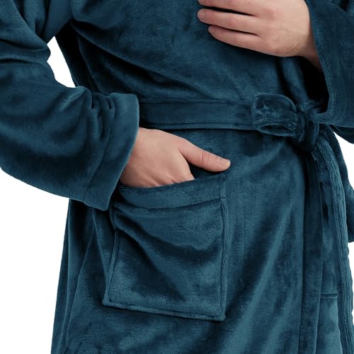 Mens Fleece Bathrobe with Hood,Plush Mens Bathrobe -Soft& Warm Knee Length2