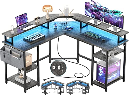 Aheaplus L Shaped Gaming Desk With Power Outlets & Led Lights, L- Shaped Desk Computer Corner Desk With Monitor Stand And Storage Shelf, Home Office Desk Writing Desk With Storage Bag, Grey Oak #TOP6