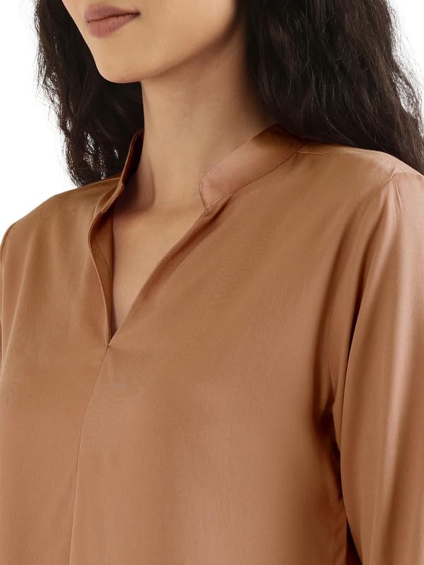 Image of SAADAA Top for Women, Viscose Pleated Tops, V-Neck with a Collar, 3 /4 Sleeve Length, Office & Casual Wear