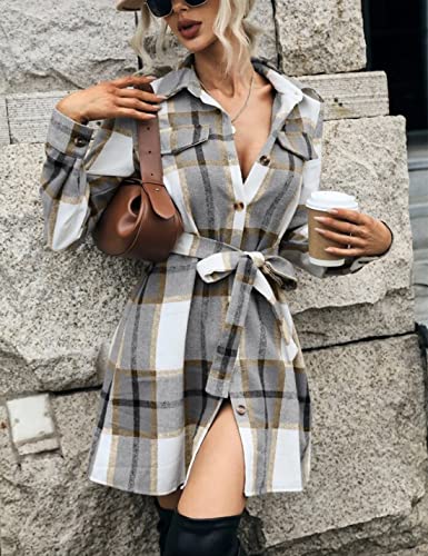 Image of SeekMe Women's Long Plaid Shirt Jacket Shacket Lapel Button Down Woolen Blend Casual Tartan Over Shirt Trench Coat