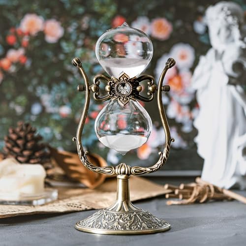 Samlong Large Hourglass Timer 60 Minute Sand Clock, Rotating Embossed Sand Timer Vintage Home Décor, Bronze Metal Hour Glass with White Sand