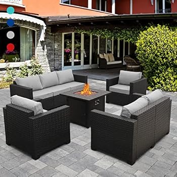 Alternative view of Patio Furniture Sectional Sofa 5-Piece 50000 BTU Propane Gas Fire Pit Outdoor Wicker Furniture Set Square Steel Pit Table with No-Slip Cushions Furniture Covers Lava Rock Anti-Splash Mesh, Grey