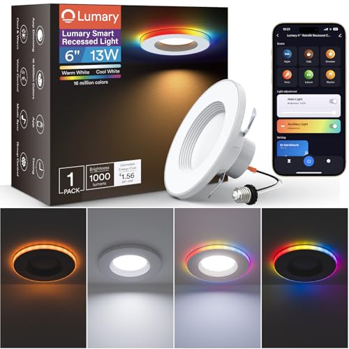 Lumary 6 Inch Smart Led Recessed Lighting Retrofit, Dual Controlled - RGBAI Ring & CCT Main, LED Recessed Lights for Ceiling 1000LM, Compatible with Alexa & Google Assistant, 44 Scene Modes CRI90+