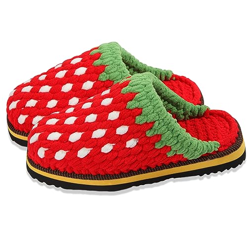SamfuLoge Handmade Cotton Slippers for Women mens Christmas Strawberry Color Combination Winter Warm Anti-Slip House Shoes Comfortable Cotton Slippers Home Bedroom Shoes Indoor & Outdoor