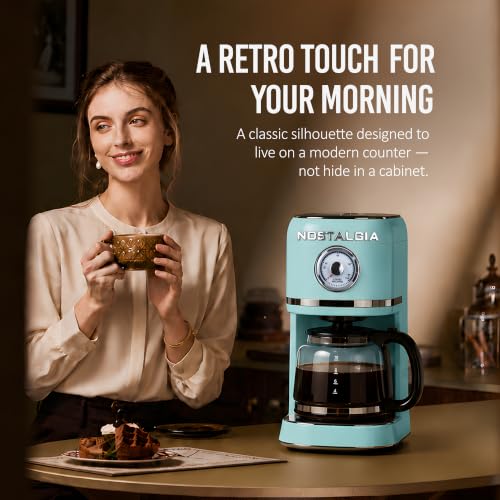 Image of Nostalgia Classic Retro 10 Cup Coffee Maker - One-Touch Drip Brew, Reusable Filter - Anti-Drip, Auto Shutoff, & Time Display - Dishwasher Safe 50 oz Carafe - Aqua