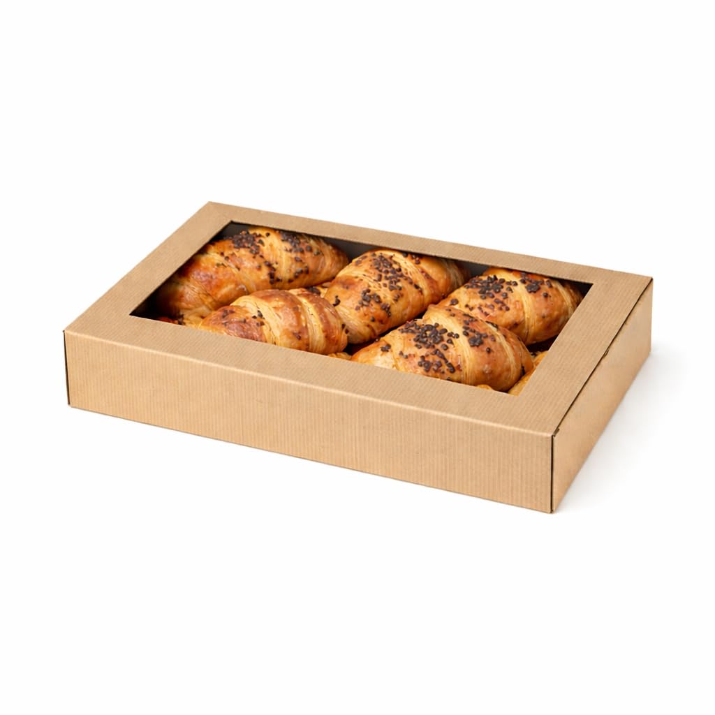 PacknWood - 25 Caja rectangular con Ventana Kraft Cartón | 29,2x45,3 cm | Hostelería Catering, Desechable, Ecológico, Delivery Take Away