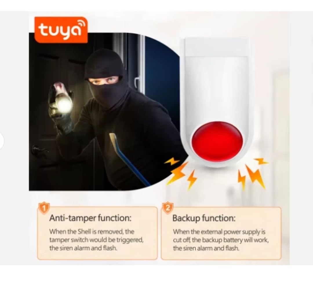 Sirène extérieure WiFi Tuya PST 120 DB avec Batterie Rechargeable et Alimentation, Compatible avec Les capteurs 433 MHz et l'application Tuya Smart Life pour la Maison connectée. Alarme antivol.