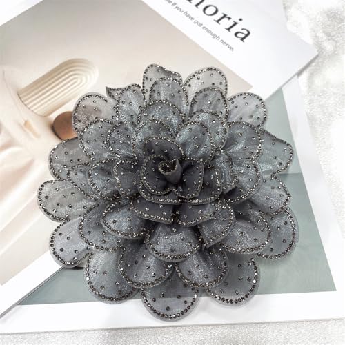 Image of Rhinestone Camellia Flower Big Brooch Lapel Pins for Women Fashion Crystal Fabric Floral Brooches Pin for Dresses Suit Accessories Jewelry Boutonniere Corsage Wedding Party 140mm
