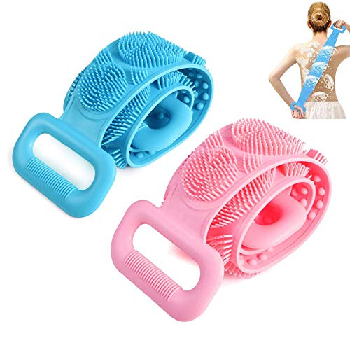 BAIYIDE 2 Pcs Silicone Back Scrubber for Shower, Multifunctional Dual Sided Back Scrubber Silicone Bath Body Brush, Long Strap Back Scrubber Body Cleaning Shower(830-Pink+Blue)