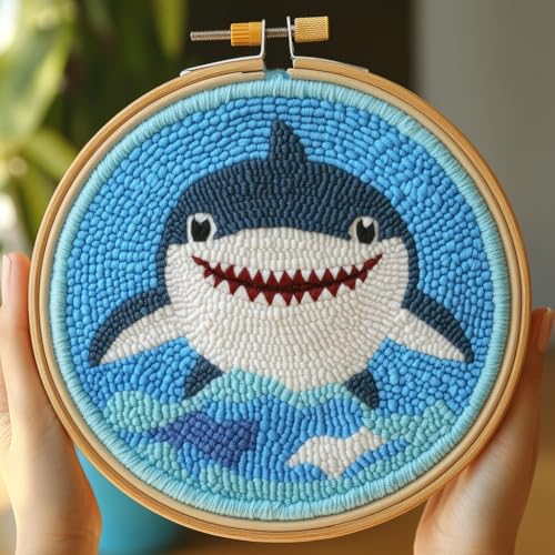 Image of DIY Punch Needle Kits Cute Cartoon Sea Shark in Sea with Hoop 20x20cm-1 | with Pattern Stamped Easy for Beginners Embroidery Punch Needle Starter Craft Set for Adults Festival Gift and Decoration