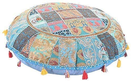 KLAVATE Indian Handmade Vintage Patchwork Cotton Boho Chic Bohemian Hand Embroidered Decorative Ethnic Foot Stool Round Floor Pillows & Cushion Cover Seating Pouf Ottoman (Turquoise, 18 inch)