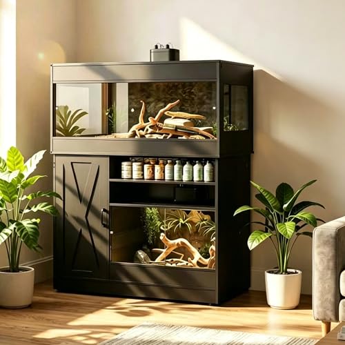 Terroute Dual Reptile Tank with Stand 120 Gallon & 60 Gallon Reptile Enclosure Terrarium with Power Outlet for Bearded Dragons Snakes Lizards Chameleon Gecko Tank Sliding Acrylic Doors Mesh CAGE004H