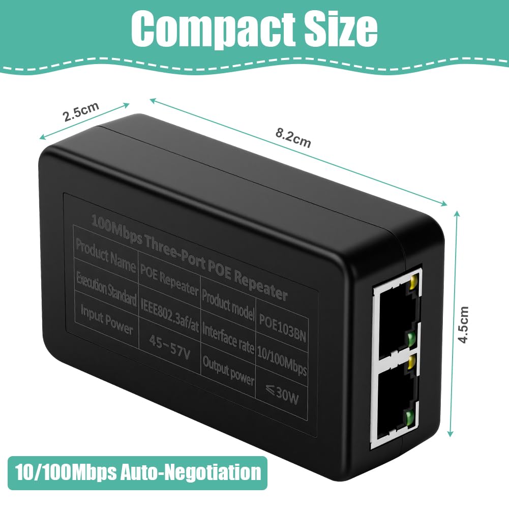 Extender PoE a 2 Porte, Switch Ethernet 2 Porte, Ripetitore PoE IEEE802.3af/at (30 W) con 100 Mbps, Fornisce Potenza Fino a 100 Metri, per Telecamera IP/Dispositivo Poe