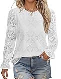LOMON Boho Tops for Women Cute Crewneck Puff Long Sleeve White Blouses Dressy Casual Business Work Lace Crochet Shirts