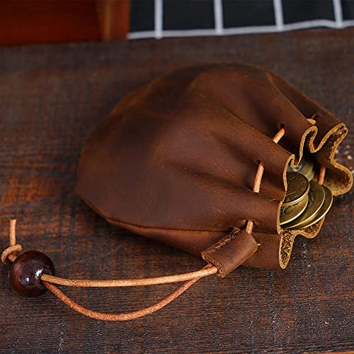 Wugebud 1 Pcs Mini Leather Drawstring Coin Purse Vintage Leather Coin Bag, Coin Organizer, Change Holder,Leather Drawstring Pouch For Men & Women #TOP5