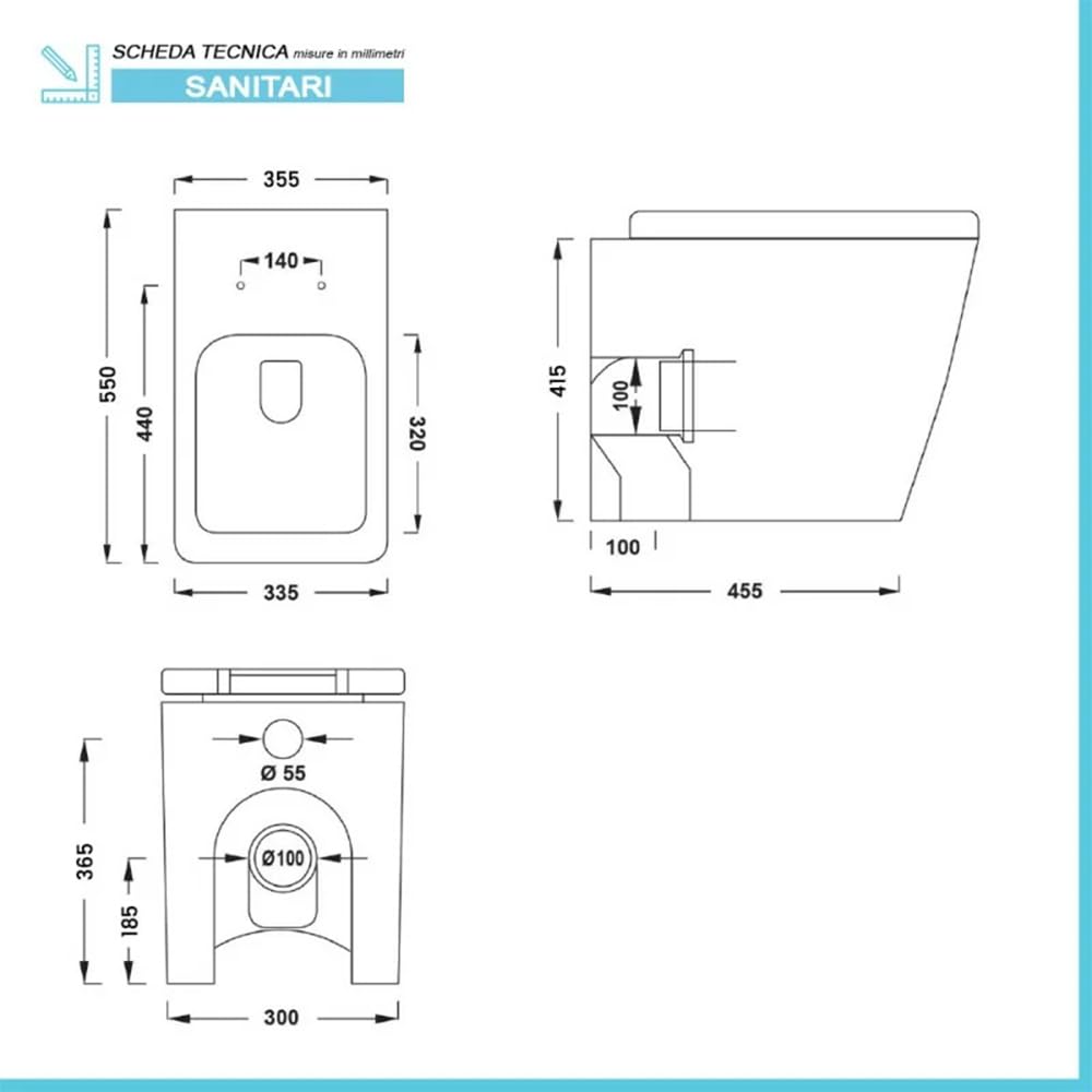 Coppia Sanitari Filo Muro o filoparete Rimless, Bianco, Design squadrato moderno, Completo di Copriwater con Chiusura Soft-Close (Bianco Lucido)