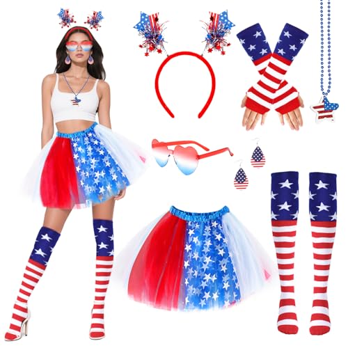 Beipegin 7PCS 4th of July Tutu Set Women, White and Blue Tutu with USA Sunglasses Headband, Patriotic Costume for Independence Day