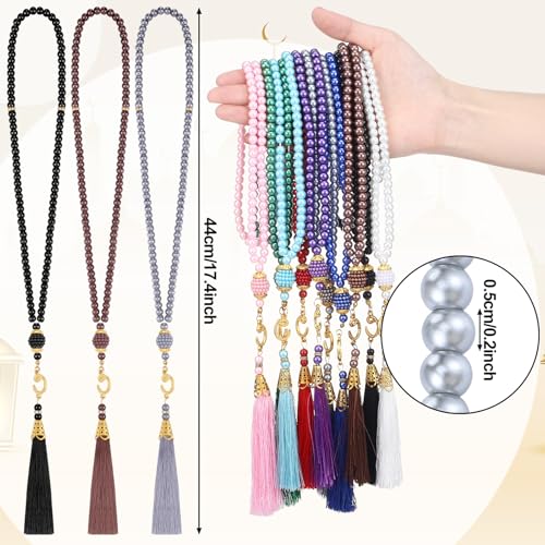 Quelay 10 Piece Ramadan Tasbih Prayer Beads Muslim Prayer Beads Prayer Beads Islam 99 Prayer Beads Necklace Glass Pearl Muslim Rosary Bracelet with Tassel Gifts for Men Women - Thumbnail 2