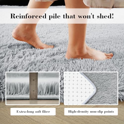 Fluffy Rug Shaggy Area Rug, Grey 3x5 Area Rugs for Bedroom, Small Bedside Rug, Soft Fluffy Shaggy Entryway Throw Rugs for Living Room Bedroom Kids Room Home Decor