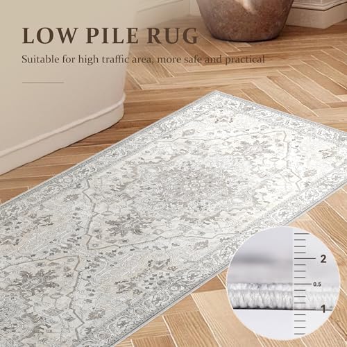 Deerly Vintage Runner Rug 2x6 Hallway Runners Boho Non-Slip Entryway Throw Rug Faux Wool Non-Slip Washable Low-Pile Floor Carpet for Indoor Front Entrance Kitchen Bathroom, Beige/Multi