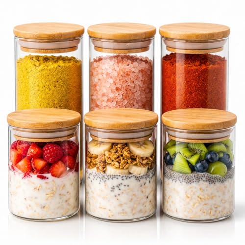 Potes Herméticos de Vidro com Tampa de Bambu - Kit 6 Unidades 200ml para Temperos, Grãos, Café e Organização de Cozinha
