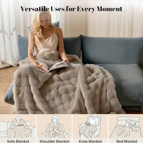 Image of IUUI Electric Heated Blanket Throw 50''x60'',Luxury Faux Rabbit Fur Heating Throw Blankets,Fast Heating with 1 /2 /4 /6 /8 /10 Hours,Overheat Protection, Quick Heating, Memory Function, Gift-Ready Design