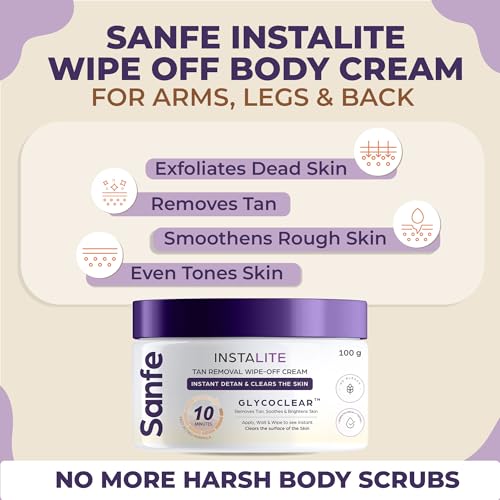 Image of Sanfe Detan Cream Instalite Detan Wipe Off 100 gm | With Glycoclear Technology | 1 Tone Brighter in 10 mintues | For Legs, Arms, Underarms and Back | Detan Cream Pack for Tan Removal & Glowing Skin