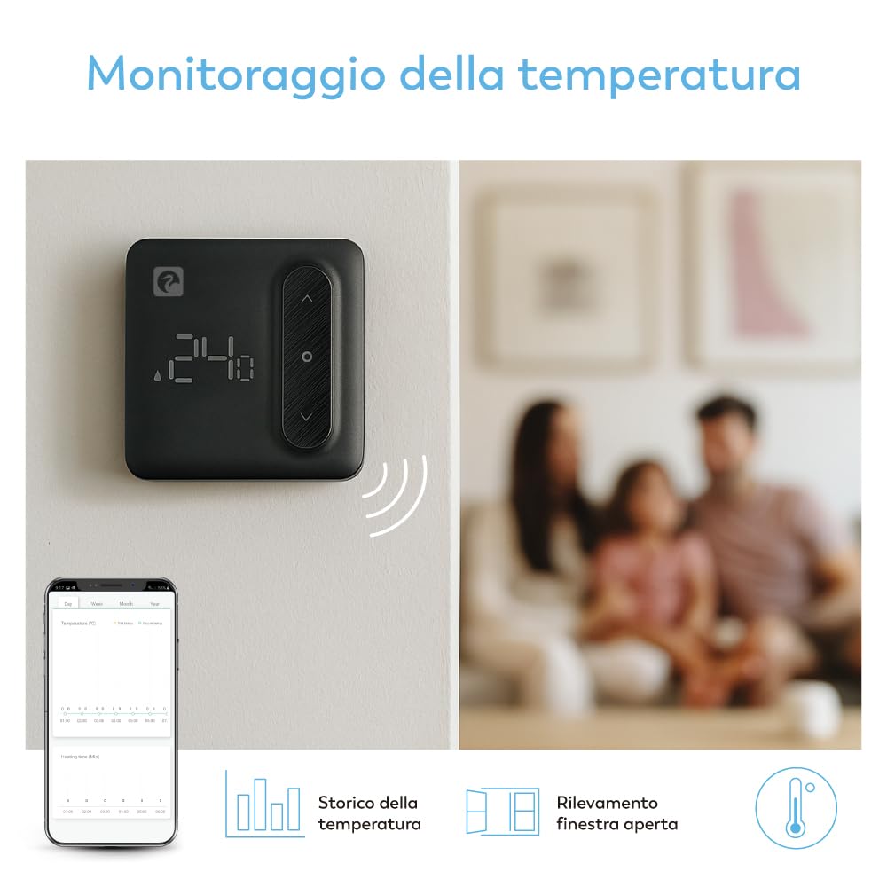 Garza - Termostato de 2 Hilos Wi-Fi Inteligente para Caldera y Calefacción, con Adaptador, Medidor Consumo, Control táctil, Detección Ventanas Abiertas, Control App y Voz, Alexa/Google, Negro
