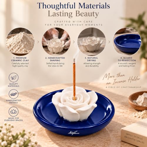 Image of SIGNAMIO Ceramic Agarbatti Incense Stick Stand Holder - Flower Blue