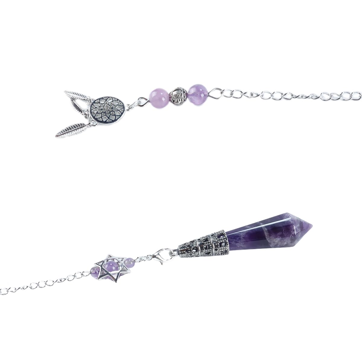 Péndulo de adivinación de amatista natural con punta morada facetada, atrapasueños de estrella Merkaba, decoración Reiki, regalo