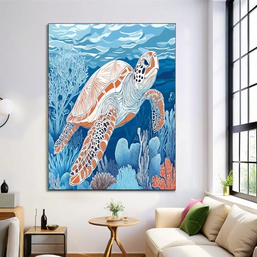Póster de tortugas marinas para un salón relajante con decoración marina en lienzo azul