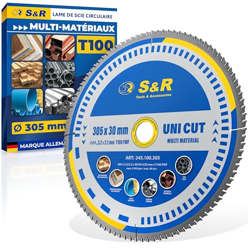 S&R Lame Scie Circulaire 305 x 30 mm 100 dents FWF - Disque Tronçonnage pour Métal Aluminium Acier de Construction Bois Lame compatible Scie Circulaire Table Bosch...
