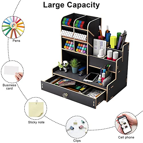 Wooden Desk Organiser DIY Desktop Tidy Pen Holder Large Capacity Stationery Storage Box with Drawer for Home, Office and School (B17 Black) - Image 4
