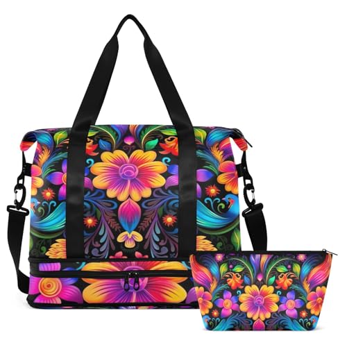 Colorful Mexican Floral Duffel Bag Lightweight Carry On Gym Bags for Travel and Weekends, Versatile Overnight Bag with Shoe Compartment2
