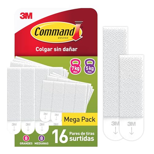 Command Tiras Adhesivas para Colgar Cuadros, 8 Pares de Tiras Medianas y 8 Grandes Blancas - Para Marcos, Espejos y Otros Adornos - Colgar sin Agujeros ni Taladrar
